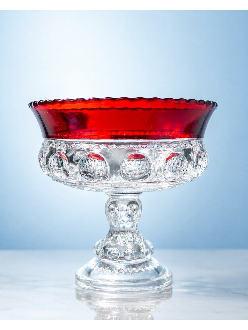 Tiffin EAPG 1950s Pedestal Footed Compote Dish Kings Crown Ruby Thumbprint, 5.5”
